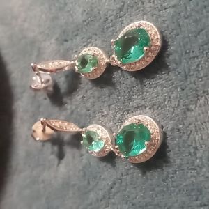 Seafoam green tourmaline with pave crystals in sterling silver drop earrings.